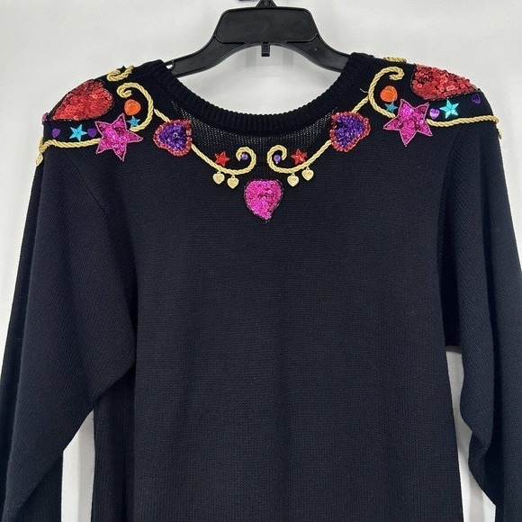 Vintage 80s Plain Jane Black Sweater Dress Embellished Sequins Midi Length M - Picture 2 of 12